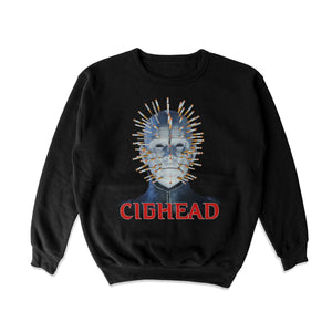 Black sweatshirt with a graphic design and 'CIGHEAD' text on a white background